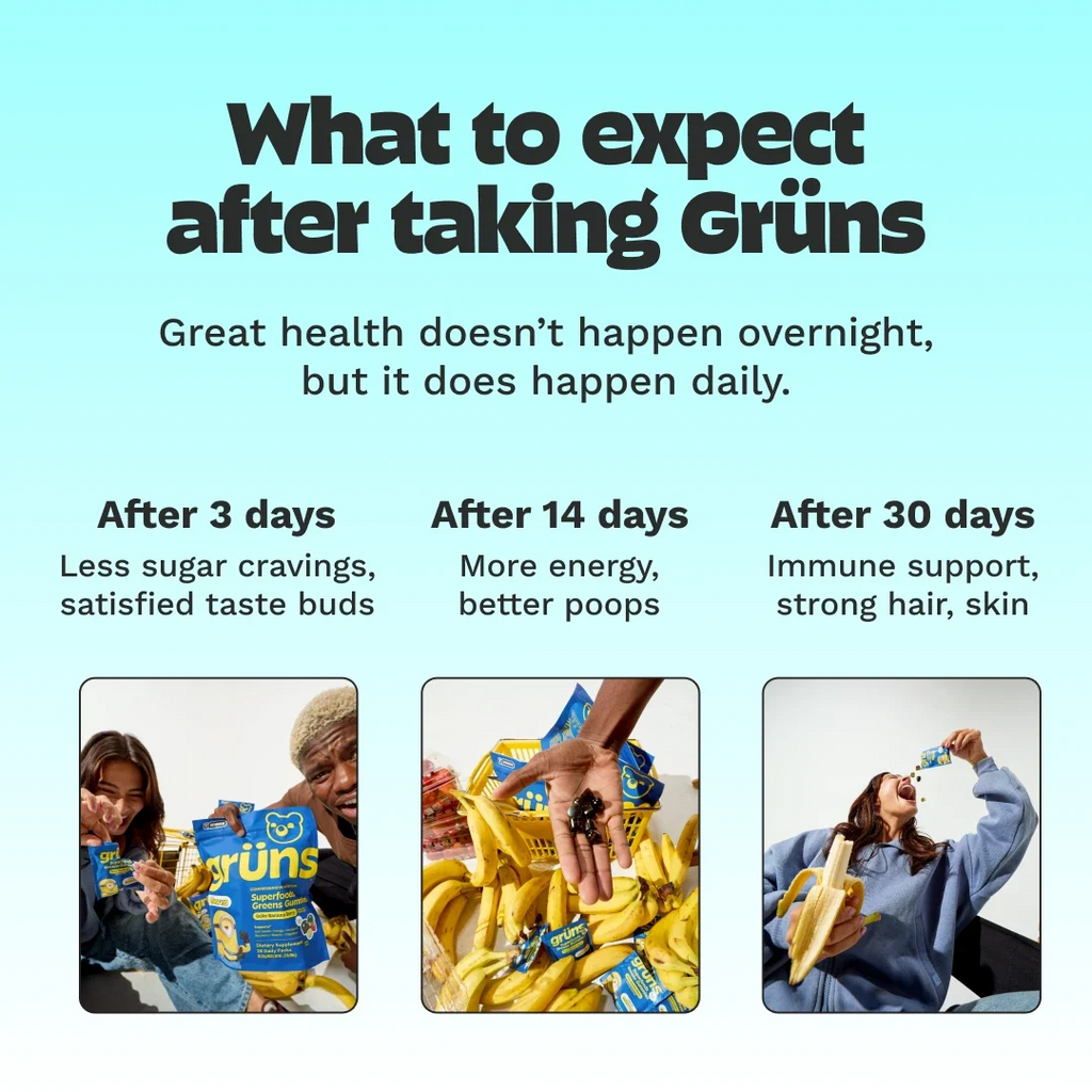 What to expect after taking Grüns: less sugar cravings after 3 days, more energy and better digestion after 14 days, and immune support with strong hair and skin after 30 days, with photos of people holding Grüns packets and bananas