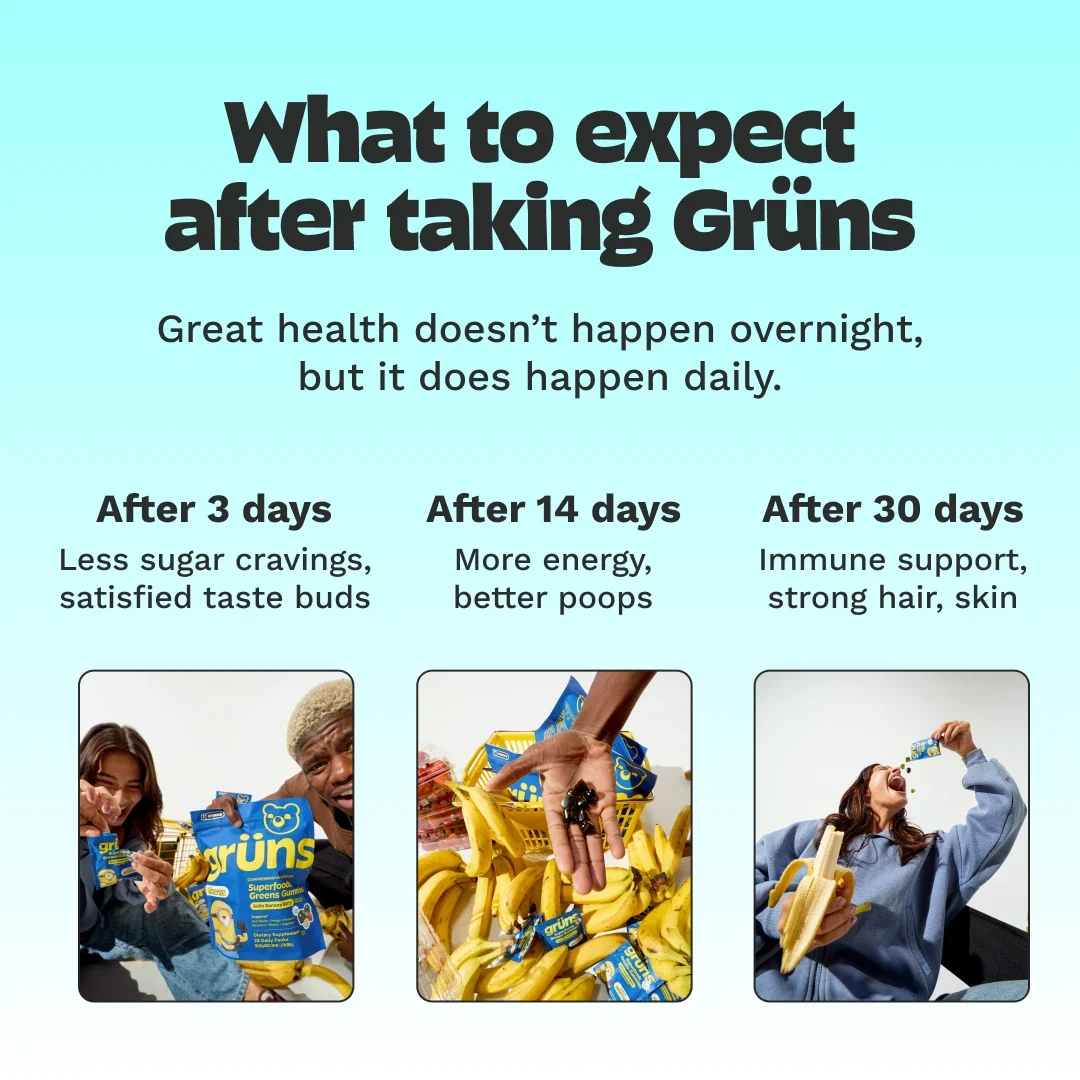 What to expect after taking Grüns: less sugar cravings after 3 days, more energy and better digestion after 14 days, and immune support with strong hair and skin after 30 days, with photos of people holding Grüns packets and bananas