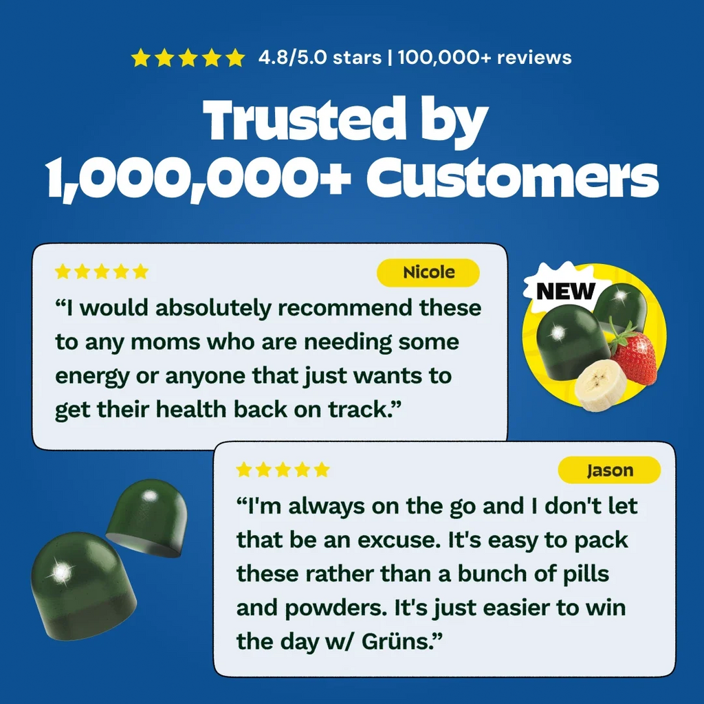 Trusted by 1,000,000+ customers, 4.8 out of 5 stars from 100,000+ reviews, with five-star customer testimonials from Nicole and Jason on a blue background with gummy capsules and fruit