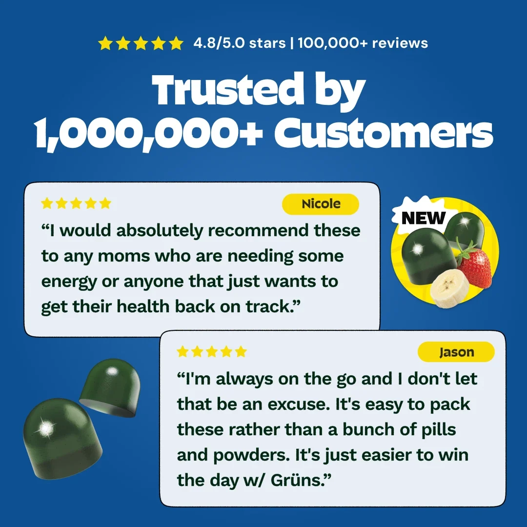Trusted by 1,000,000+ customers, 4.8 out of 5 stars from 100,000+ reviews, with five-star customer testimonials from Nicole and Jason on a blue background with gummy capsules and fruit