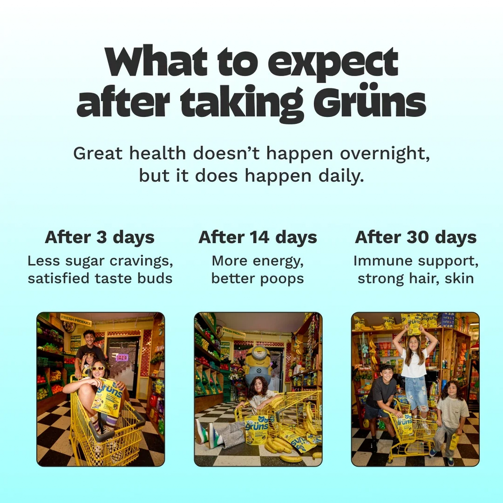 What to expect after taking Grüns: less sugar cravings after 3 days, more energy and better digestion after 14 days, and immune support with strong hair and skin after 30 days, with photos of children in shopping carts holding Kids Grüns packets in a store