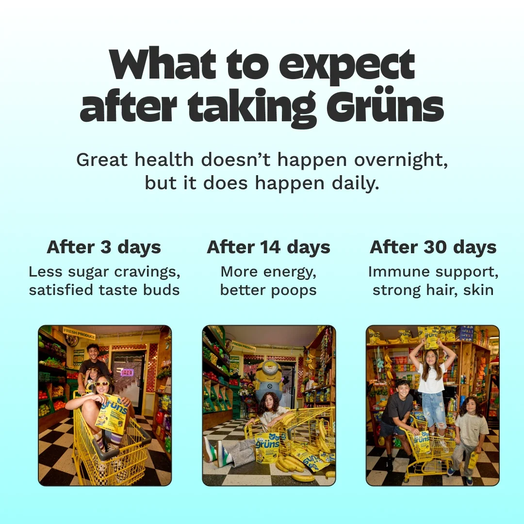What to expect after taking Grüns: less sugar cravings after 3 days, more energy and better digestion after 14 days, and immune support with strong hair and skin after 30 days, with photos of children in shopping carts holding Kids Grüns packets in a store