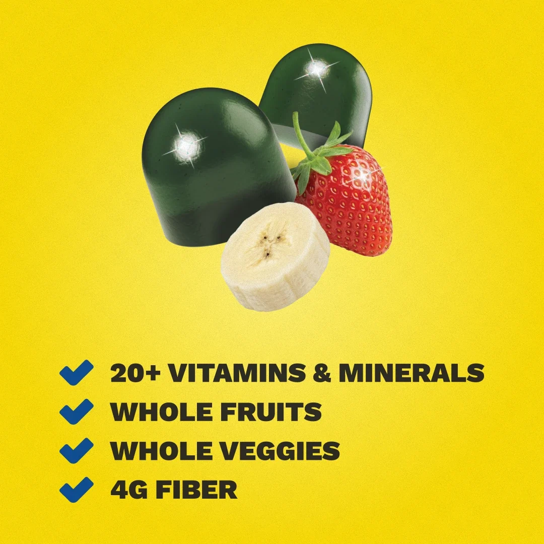 Dark green gummy capsules with a strawberry and banana slice, listing product benefits: 20+ vitamins and minerals, whole fruits, whole veggies, and 4g fiber