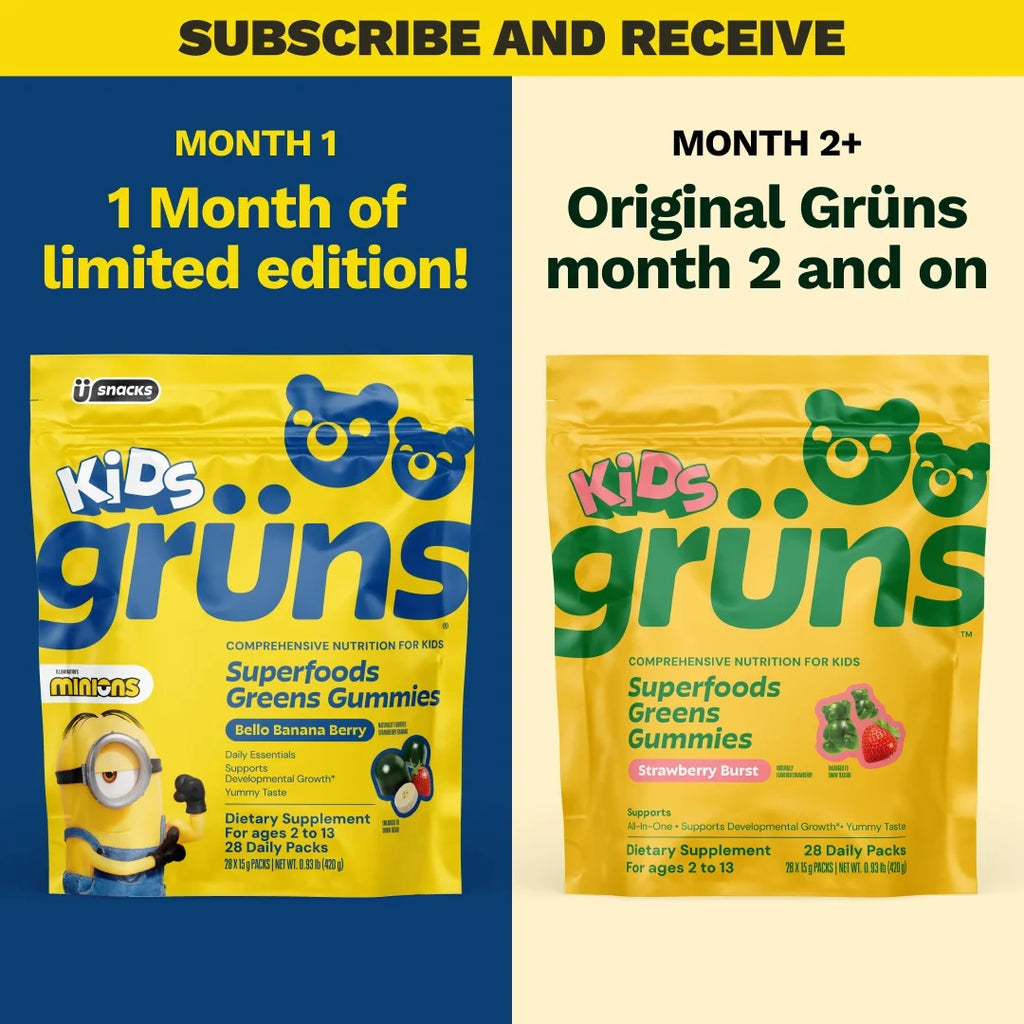 Subscription offer showing Month 1's Kids Grüns Bello Banana Berry packet with Minions branding on blue background, and Month 2 onward's Kids Grüns Strawberry Burst packet on yellow background