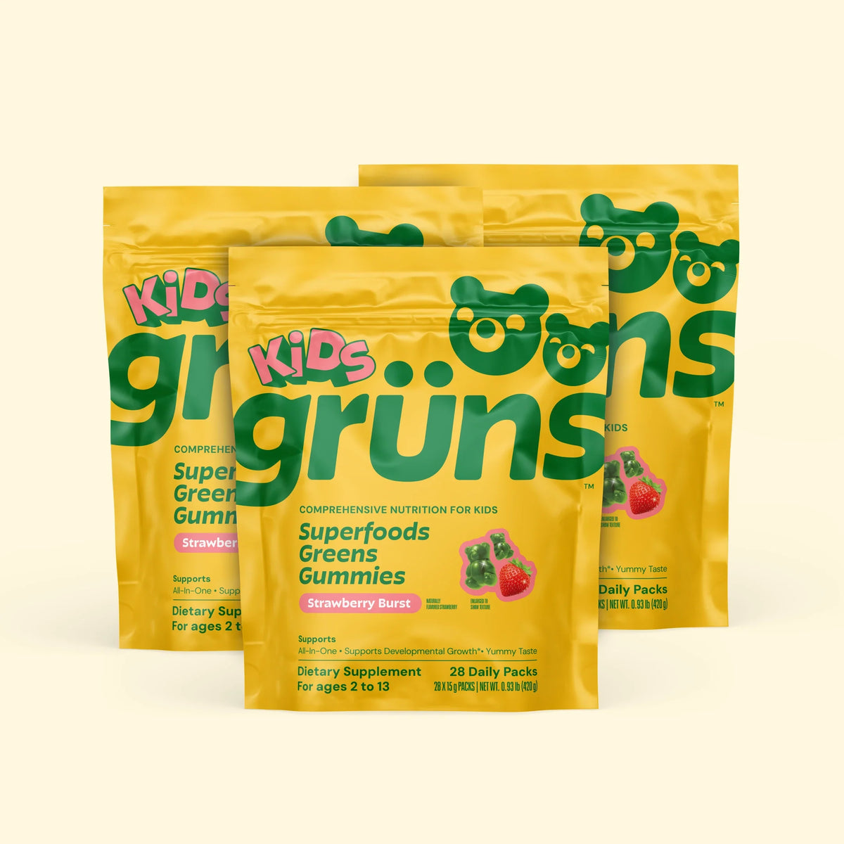 Grüns Kids Low Sugar Quarterly Superfoods Greens Gummies, gummy bears, Strawberry Burst, pouch front view