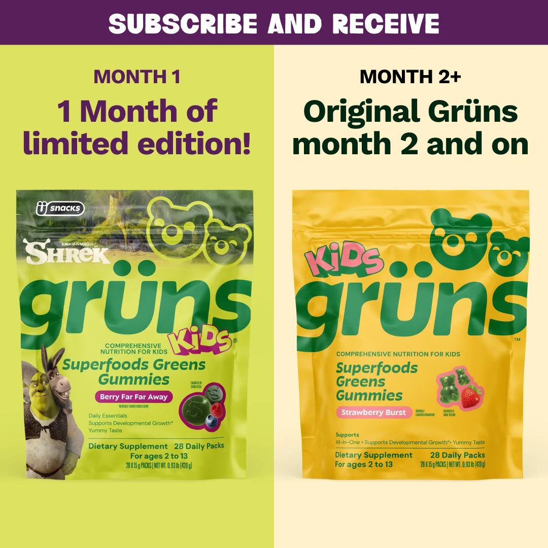 Subscribe and Receive graphic split into two panels: left shows Month 1, 1 Month of limited edition, featuring a Shrek Kids Grüns Superfoods Greens Gummies package labeled Berry Far Far Away; right shows Month 2+, Original Grüns month 2 and on, featuring a yellow Kids Grüns package labeled Strawberry Burst.