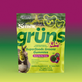 Yellow-green Shrek Kids Grüns Superfoods Greens Gummies package featuring Shrek and Donkey, labeled Berry Far Far Away flavor, listing Daily Essentials, Supports Developmental Growth, Yummy Taste, Dietary Supplement, 28 Daily Packs, for ages 2 to 13, on a purple-to-green gradient background.