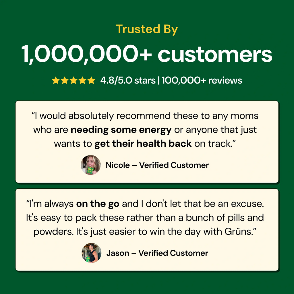 Product advertisement with customer testimonials and trust metrics, over 1,000,000 customers, 4.8 stars