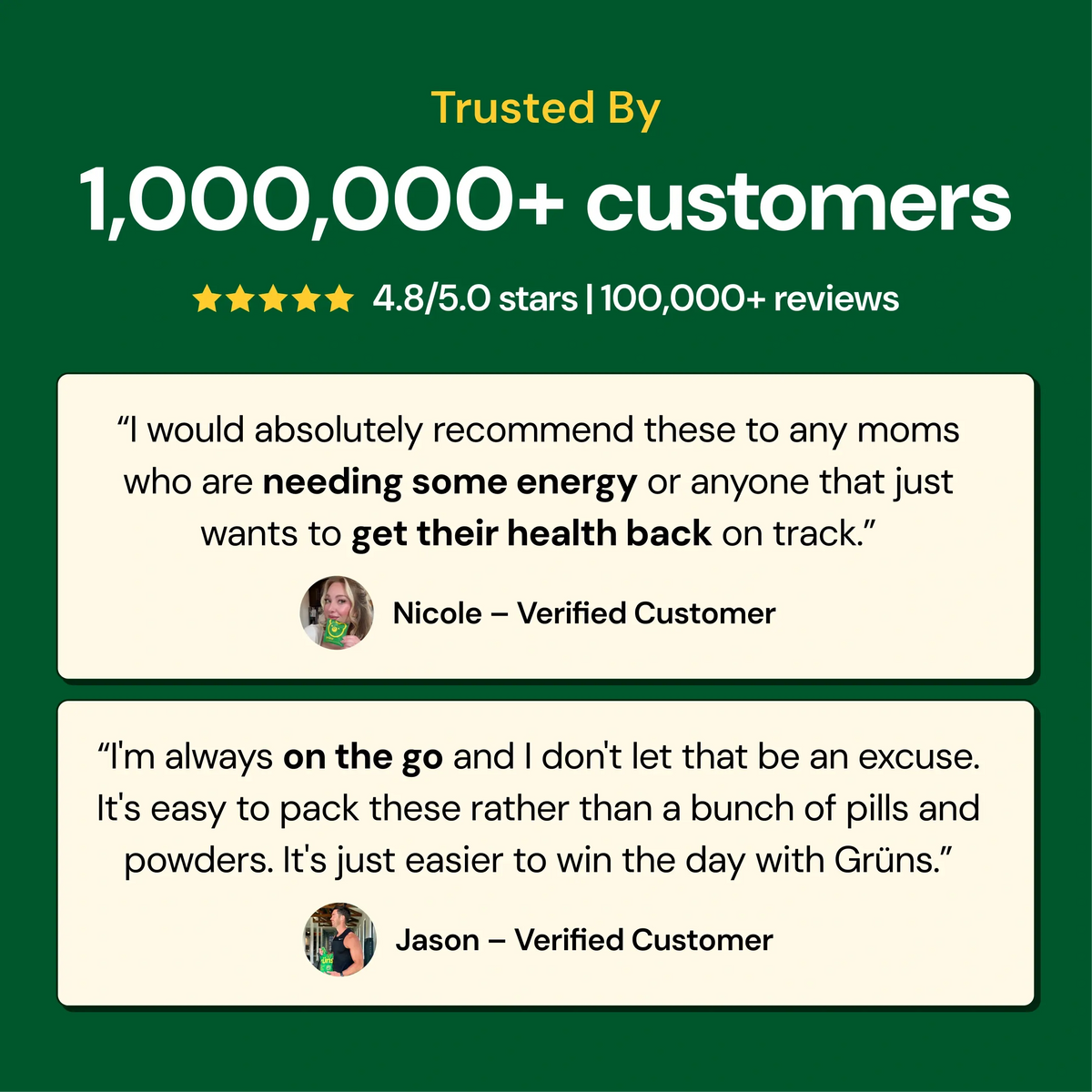 Product advertisement with customer testimonials and trust metrics, over 1,000,000 customers, 4.8 stars
